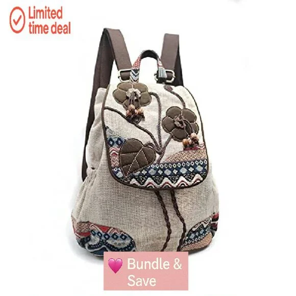 Vintage Boho Drawstring Backpack Purse, 9 Pockets, Adjustable Strap,